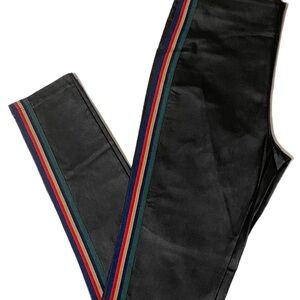 Stylish Faux Leather Black Skinny Stretch Pants with Side Stripes